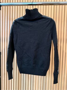 Women’s Black Turtleneck Sweater with Leather-Trim